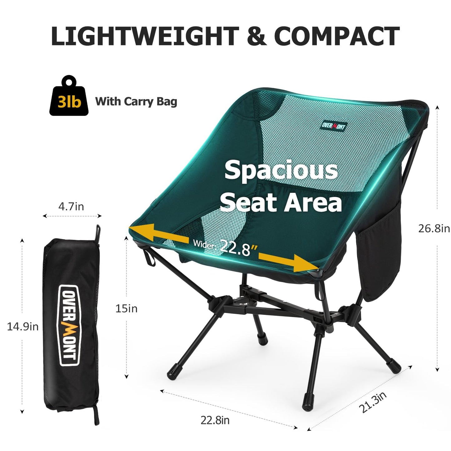 Overmont Lightweight Folding Camping Chair - Compact Backpacking Chair with Anti-Slip Feet Side Pocket Carry Bag - Stable Portable Ultralight for Outdoor Hiking Lawn Camp, Supports 330LBS, 1pack 🍁 All In One Marketplace Canada