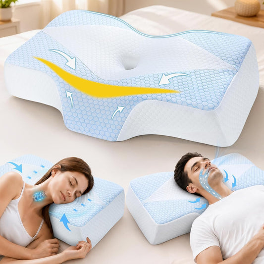Mkicesky Orthopedic Memory Foam Pillow for Neck Pain, Cervical Neck Support Pillow for Side Back & Stomach Sleepers, Ergonomic Contour Bed Pillow with Cooling Washable Cover - Reading Pillow