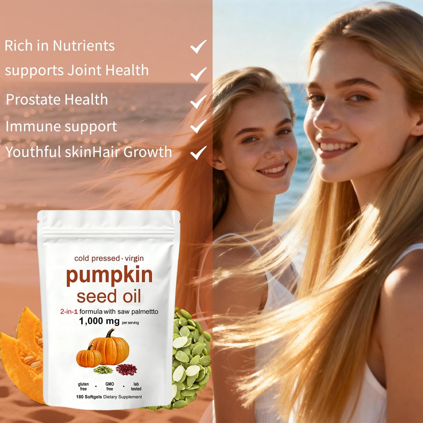KITABIO Pumpkin Seed Oil Capsules | Pumpkin Seed Oil with Saw Palmetto - Cold-Pressed | Easy-to-Swallow Softgels – Resealable Package | Non-GMO - 180 Pc/1 Bag (Z-1) - Available at All In One Marketplace Canada