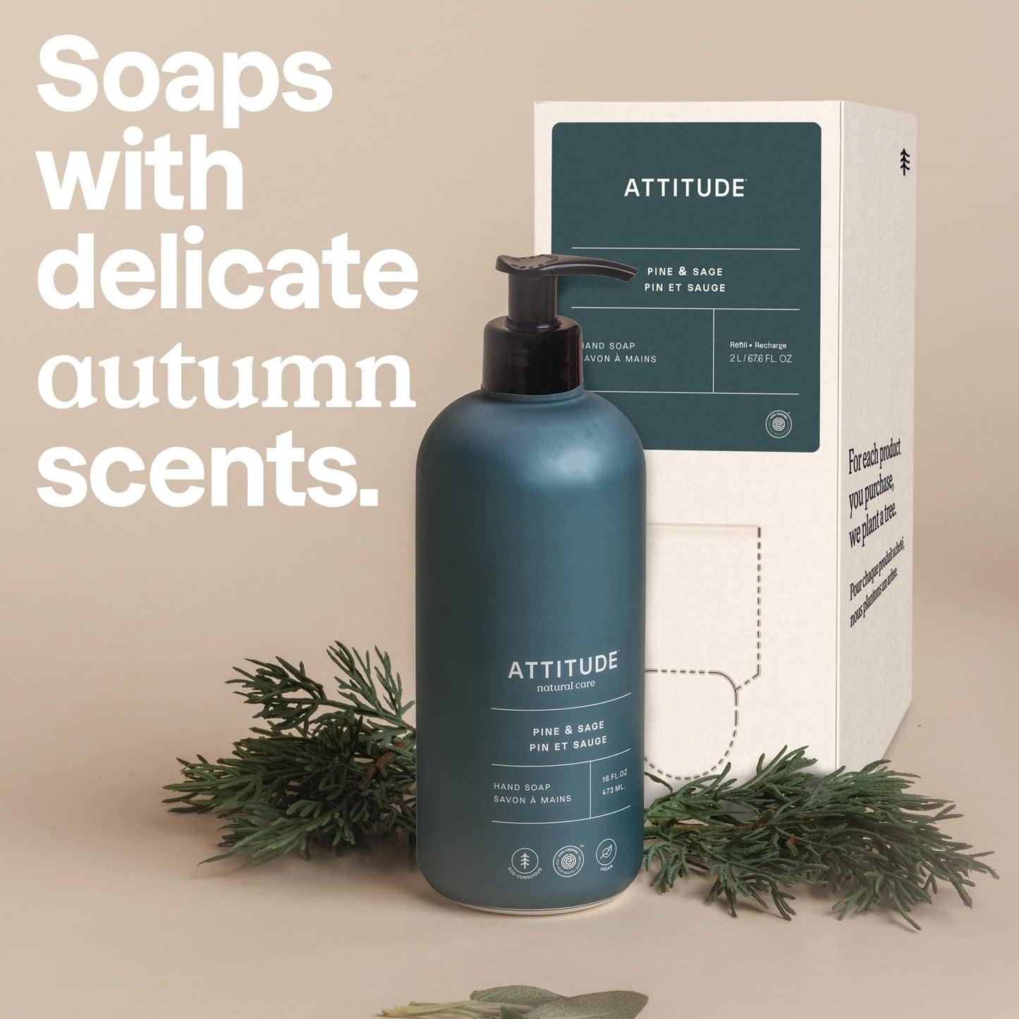 ATTITUDE Liquid Hand Soap Refill, EWG Verified, Made in Canada, Plant and Mineral-Based, Vegan Personal Care Products, Pine & Sage Scent, 2 L