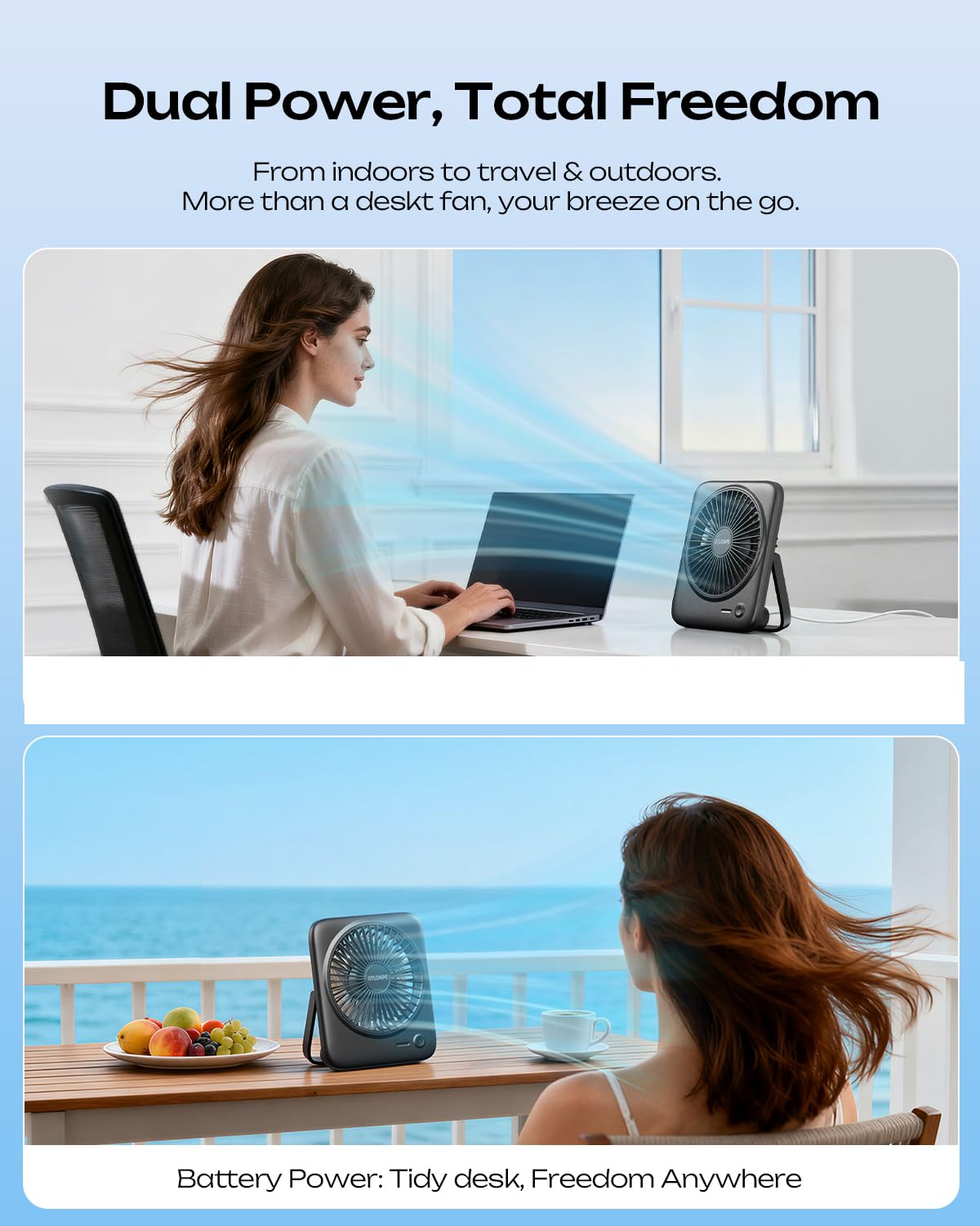 Otlonpe Personal Portable Desk Fan, 4000mAh Small Rechargeable Portable Fan Battery Operated & USB Powered for Travel Sleeping Bedroom Office Home Table, Cordless, Quiet, 4-Speed, 6.5 Inch (Black) - Available at All In One Marketplace Canada