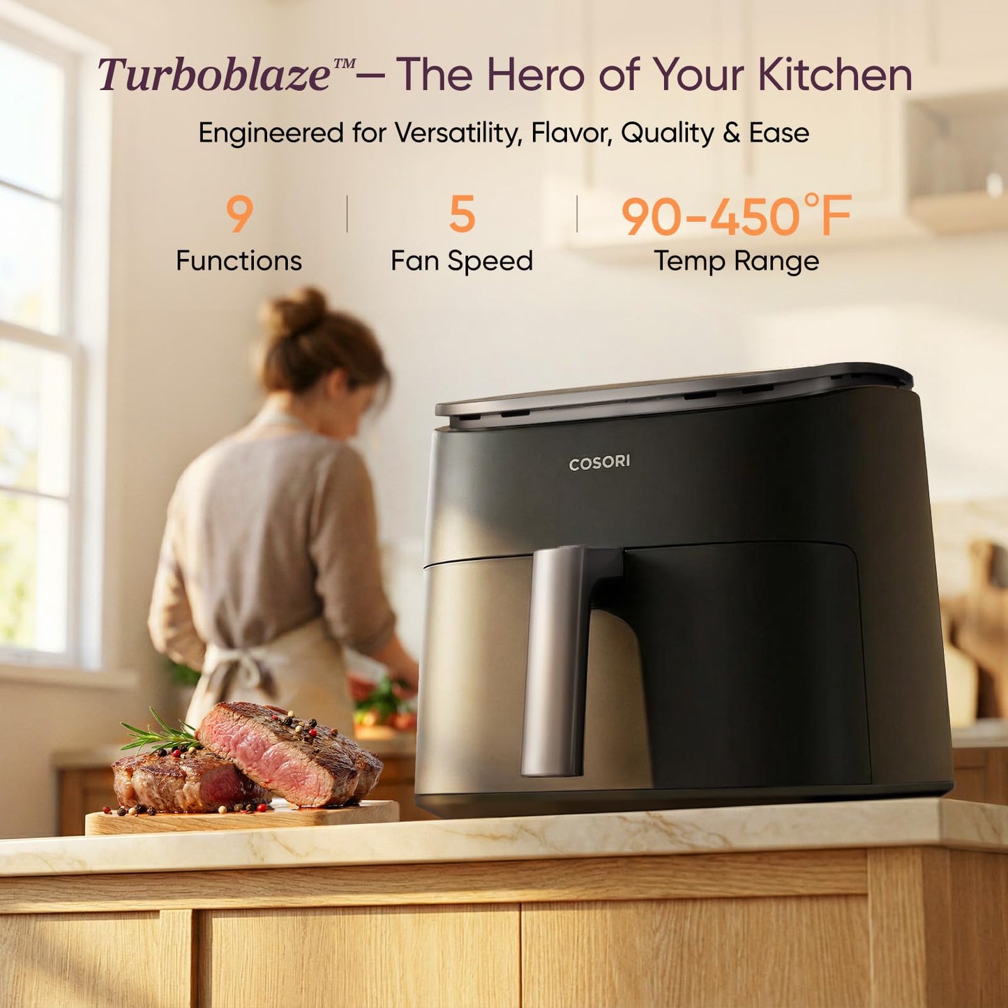 Cosori Air Fryer 6QT 9-in-1 TurboBlaze, 90°– 450°F, Precise Heating for Even Results, Air Fry, Roast, Bake, Broil, Dry, Frozen, Proof, Reheat, Keep Warm, 130+ Recipes, Dishwasher Safe, Dark Gray