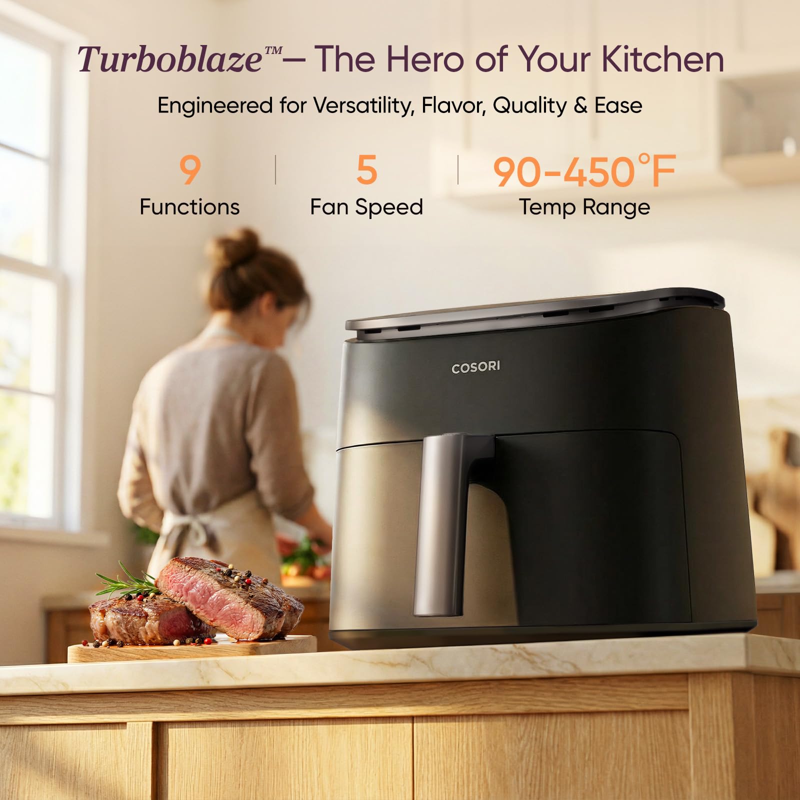 Cosori Air Fryer 6QT 9-in-1 TurboBlaze, 90°– 450°F, Precise Heating for Even Results, Air Fry, Roast, Bake, Broil, Dry, Frozen, Proof, Reheat, Keep Warm, 130+ Recipes, Dishwasher Safe, Dark Gray