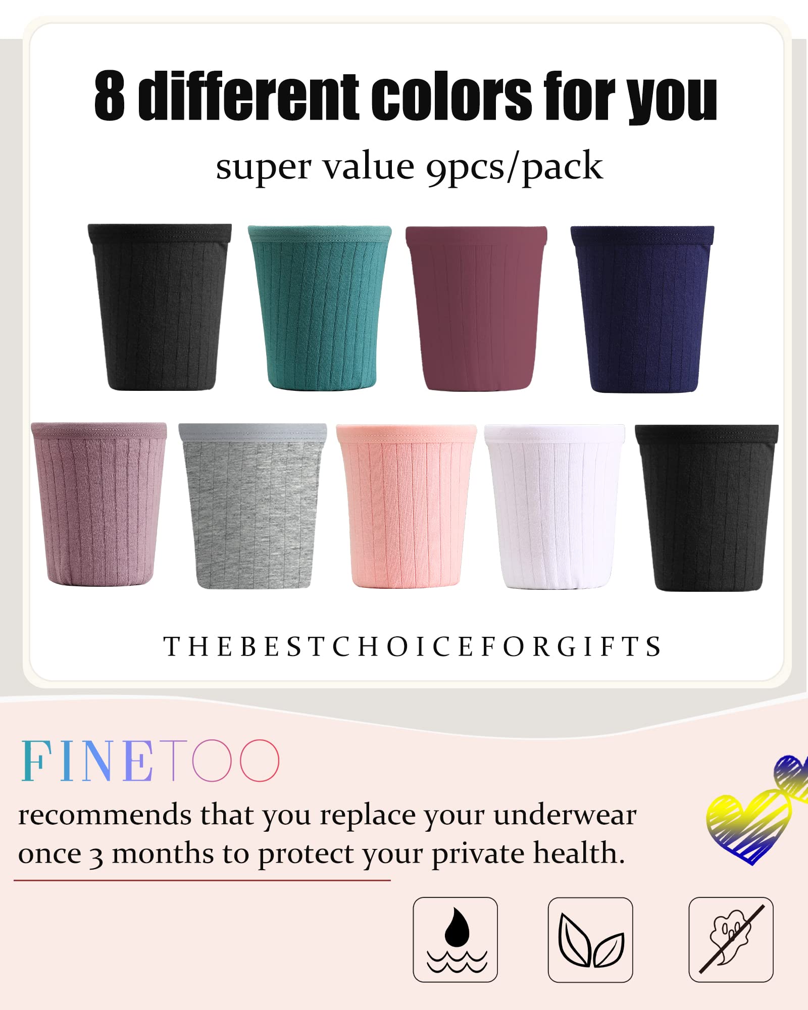 FINETOO 9 Pack Cotton Underwear for Women Sexy Low Rise Ribbed Hipster Breathable Soft Womens Bikini Panties Cheeky S-XL