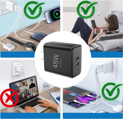 45W Type C Super Fast Charging Block,35W+10W Dual USB-C Port Charger Block with 4FT/6FT/4FT/6FT Type C Charger Cable for Samsung Galaxy S25/S24/S23/S22/S21/i Phone 17/16/15