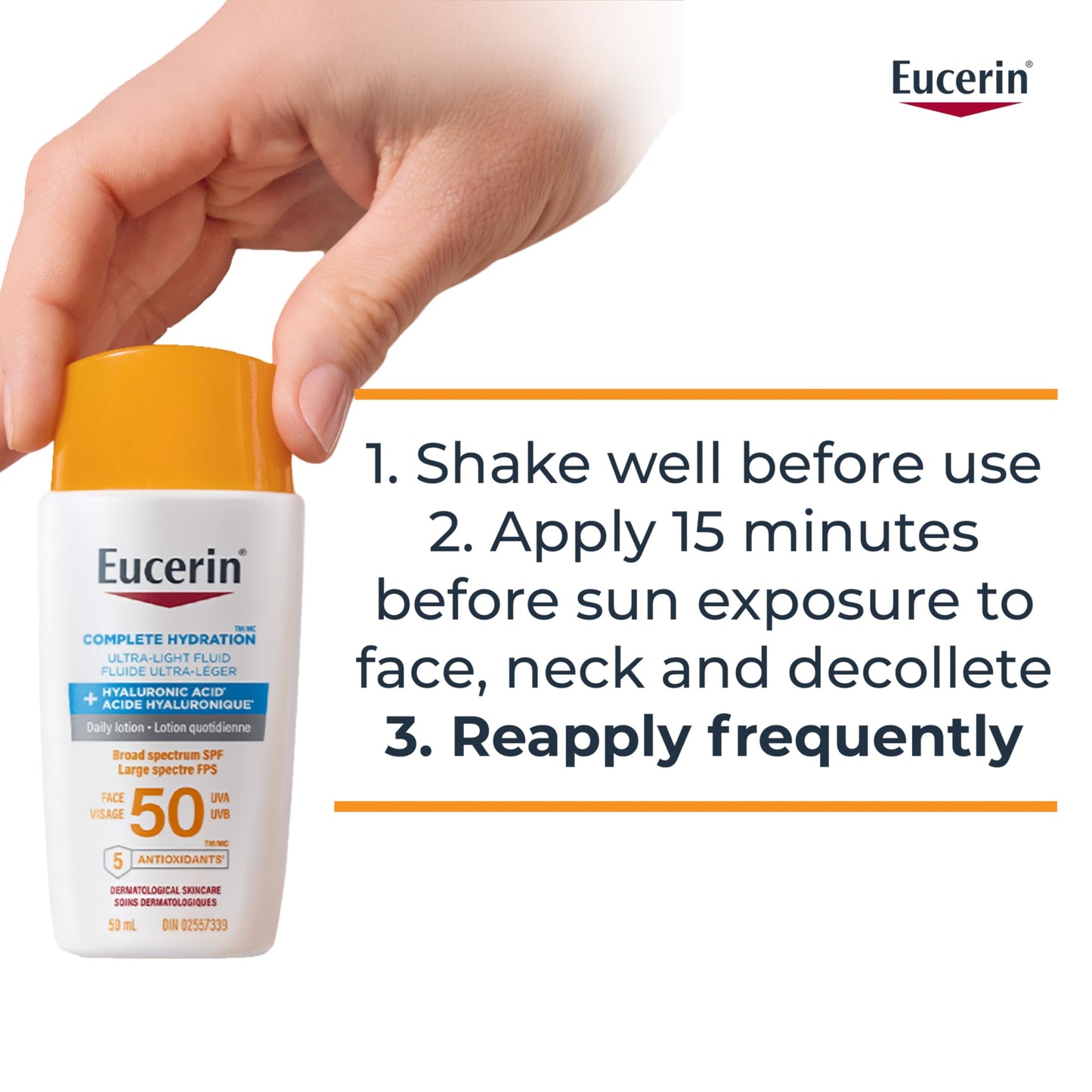 Eucerin Complete Hydration Ultra-Light Fluid Sunscreen, Daily Face Sunscreen SPF 50 With Hyaluronic Acid, Body SPF 50 Lotion with UVA-UVB Sun Protection, Fragrance Free & Non Greasy, 50 ml - Available at All In One Marketplace Canada