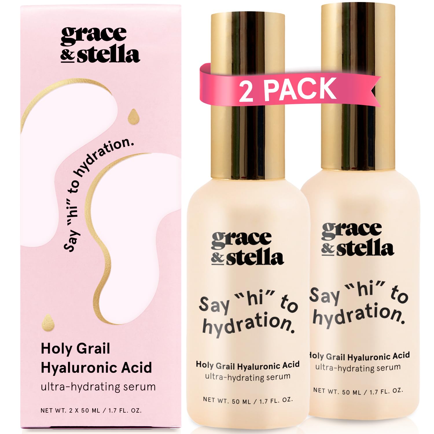 grace & stella Award Winning Hyaluronic Acid Serum for Face (50ml, 2-pack) Hydrating Hyaluronic Acid - Acide Hyaluronique Face - Glass Skin - Anti Aging Serum to Hydrate, Remove Fine Lines, Wrinkles, Skin Texture - Available at All In One Marketplace Canada