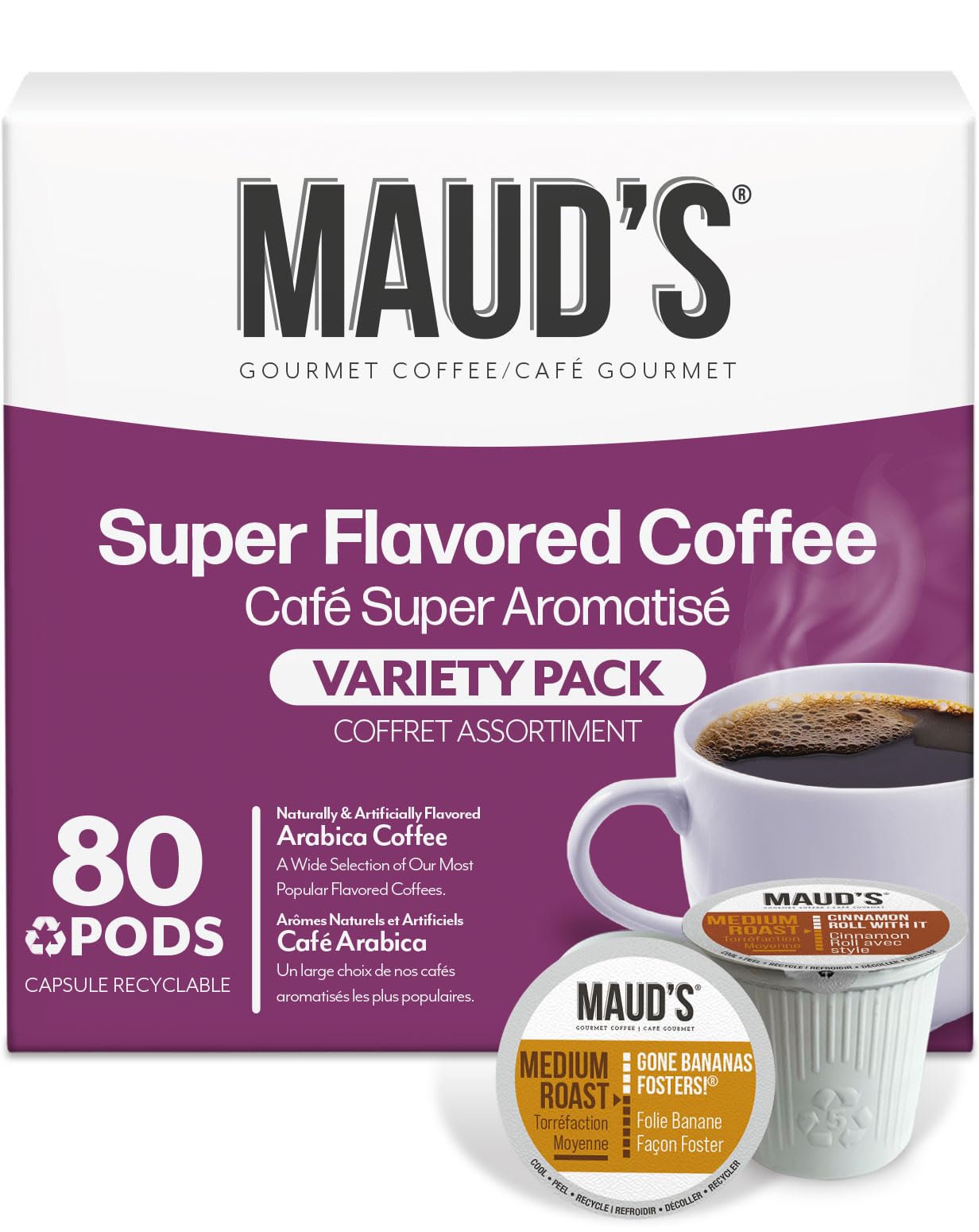 Maud's Variety Pack Flavored Coffee Pods - 80 Single Serve Pods, 16 Assorted Flavors, Medium Roast 100% Arabica