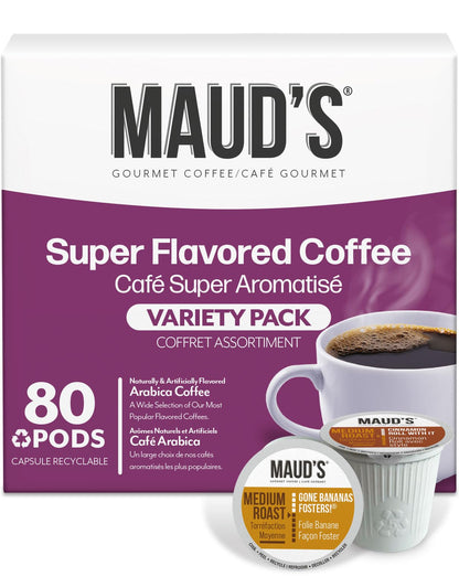 Maud's Variety Pack Flavored Coffee Pods - 80 Single Serve Pods, 16 Assorted Flavors, Medium Roast 100% Arabica