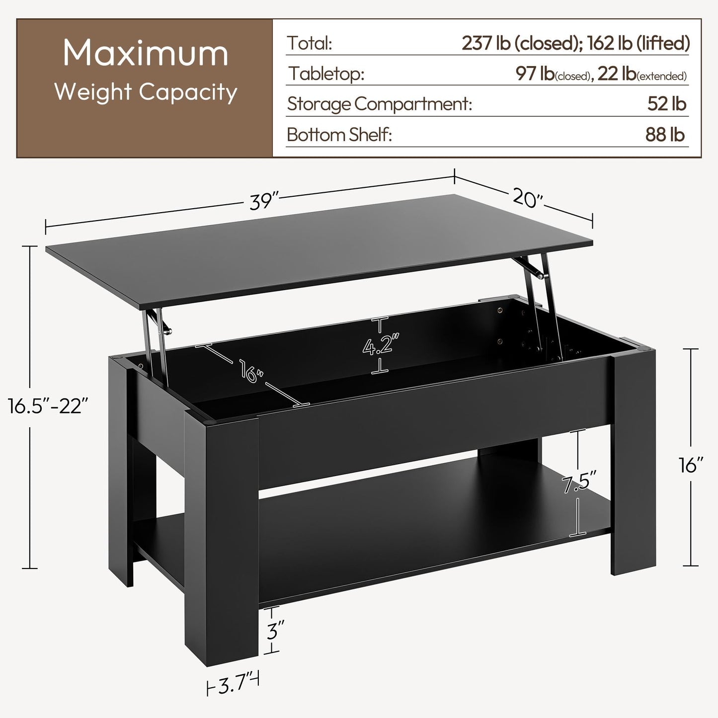 Yaheetech Coffee Table with Storage, Lift Top, 98cm L, Black Yaheetech