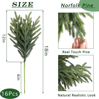 EWRITN Artificial Norfolk Pine Branches, 16 Pieces, Faux Christmas Greenery Stems for Indoor Outdoor Holiday Home Decor 🍁 All In One Marketplace Canada