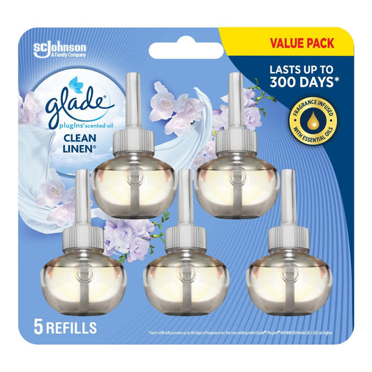 Glade PlugIns Air Freshener Oil Refill, Scented and Essential Oils for Home and Bathroom, Clean Linen, 5 Refills - Available at All In One Marketplace Canada