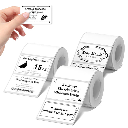 NIIMBOT Labels 3 Rolls Set for B1/B21/B3S Sticker Printer, 50x30mm (1.97'' x 1.18'') 230 Labels/Roll, Refill Labeling Tape for Home School Office Small Business (White)