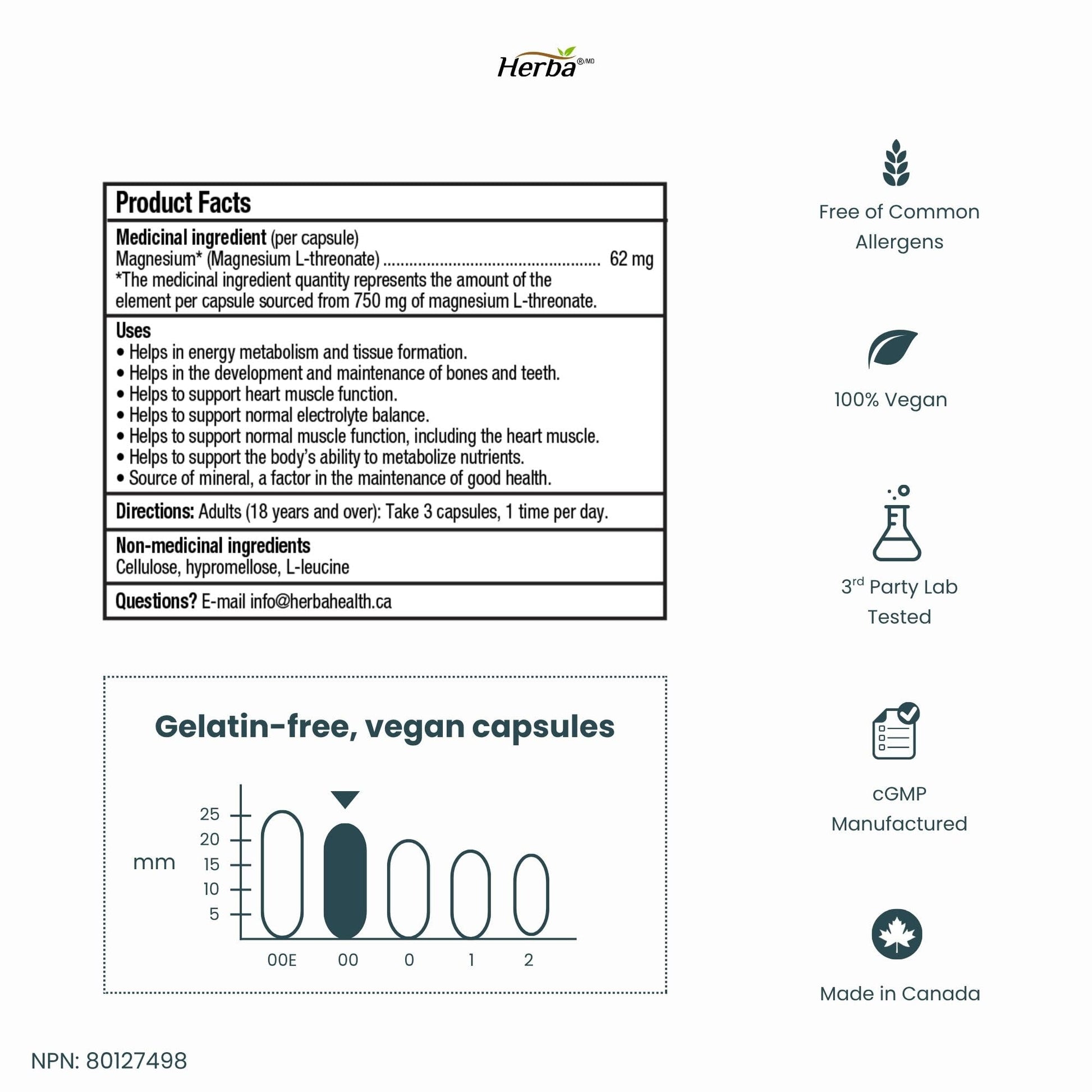Herba Magnesium L-Threonate – 2,250mg of Magnesium L Threonate Per Serving (3 Capsules) - 186mg of Elemental Magnesium | Bioavailable Form of Magnesium Supplement | 90 Vegetable Capsules | Made in Canada - Available at All In One Marketplace Canada