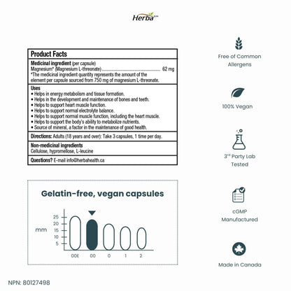 Herba Magnesium L-Threonate – 2,250mg of Magnesium L Threonate Per Serving (3 Capsules) - 186mg of Elemental Magnesium | Bioavailable Form of Magnesium Supplement | 90 Vegetable Capsules | Made in Canada - Available at All In One Marketplace Canada