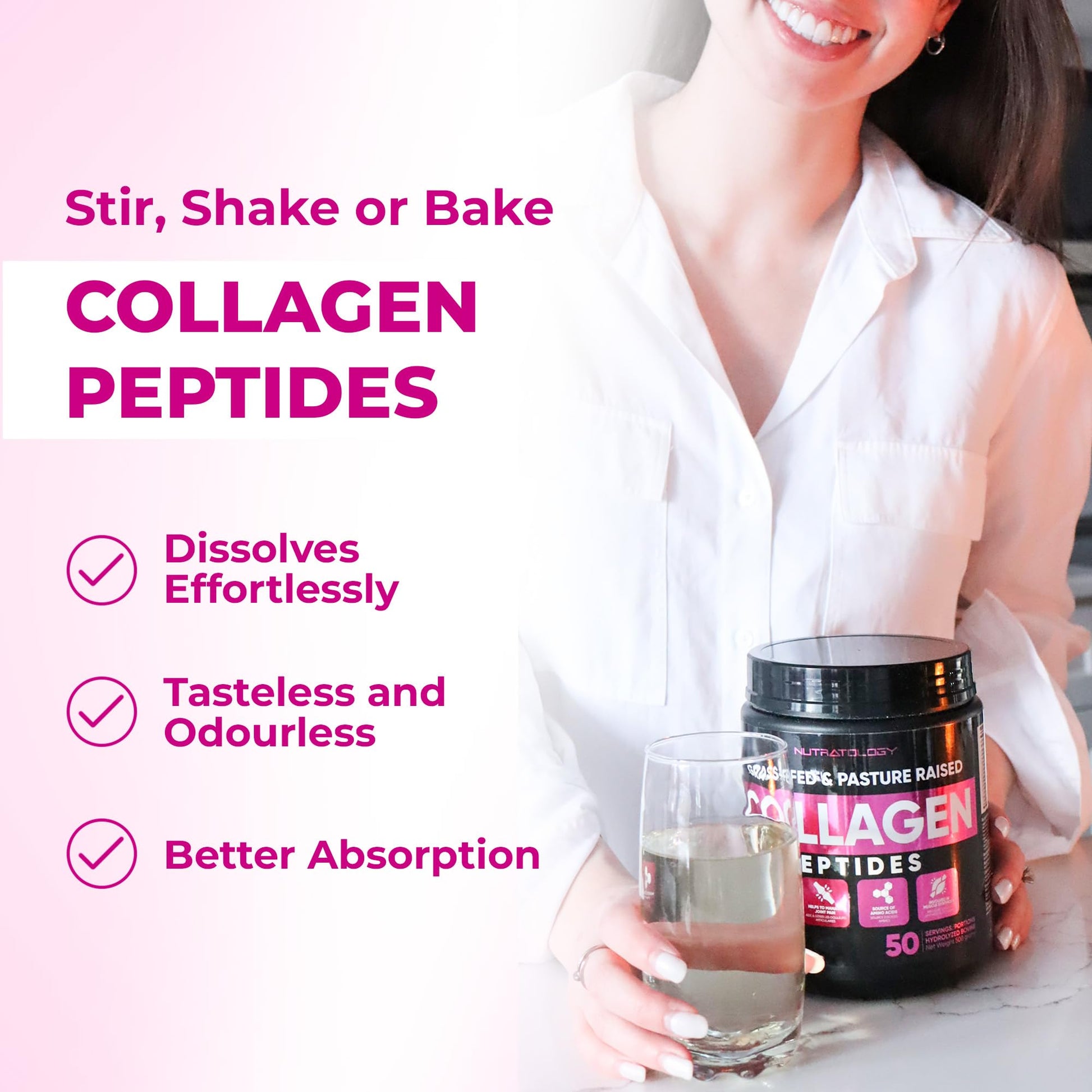 Nutratology® Collagen Powder | Grass-Fed & Canadian-Made | Dissolves Easily | 50 Servings | Supports Healthy Hair, Skin, Nails, & Joints | Hydrolyzed Collagen Peptides Type 1 & 3 | Unflavoured | 500G - Available at All In One Marketplace Canada