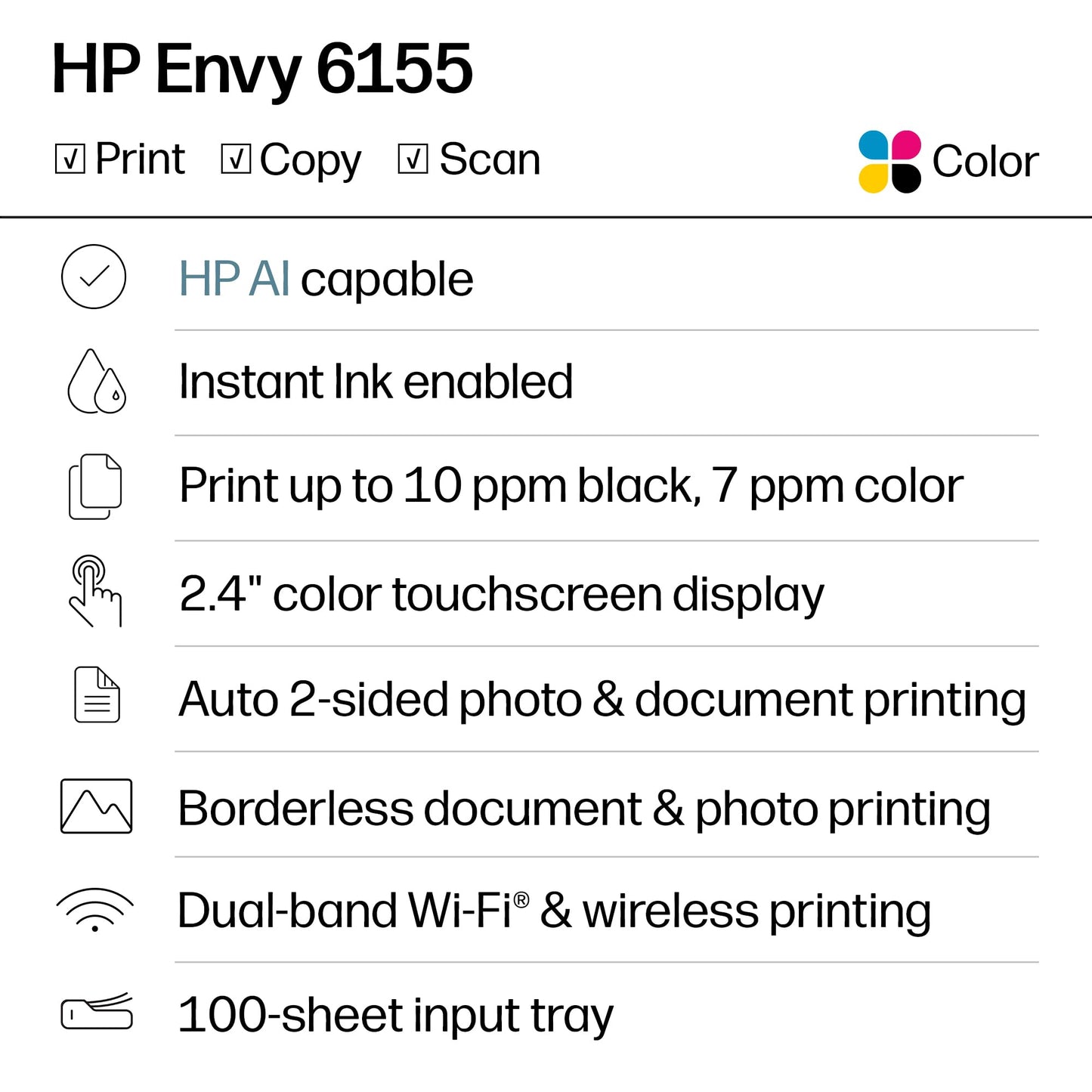 HP Envy 6155 Wireless All in One Color Inkjet Printer; Print, Scan, Copy, Duplex Printing Best-for-Home, 3 Month Trial of Instant Ink Included, AI-Capable (C2WR7A) Portobello HP