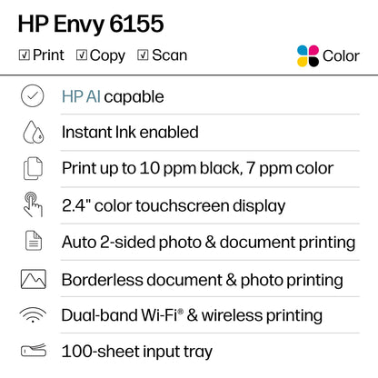 HP Envy 6155 Wireless All in One Color Inkjet Printer; Print, Scan, Copy, Duplex Printing Best-for-Home, 3 Month Trial of Instant Ink Included, AI-Capable (C2WR7A) Portobello HP