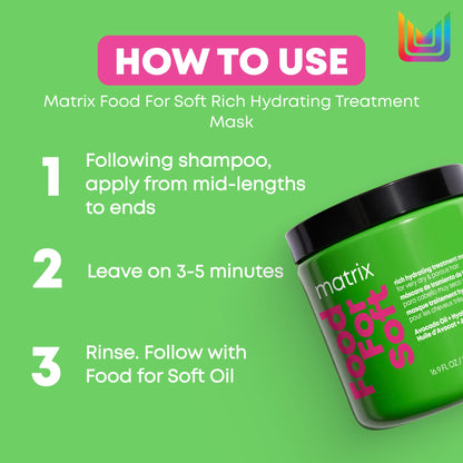 Matrix Rich Hydrating Treatment Mask for Very Dry and Porous Hair, With Avocado Oil and Hyaluronic Acid, Food For Soft, 500 ml - Available at All In One Marketplace Canada