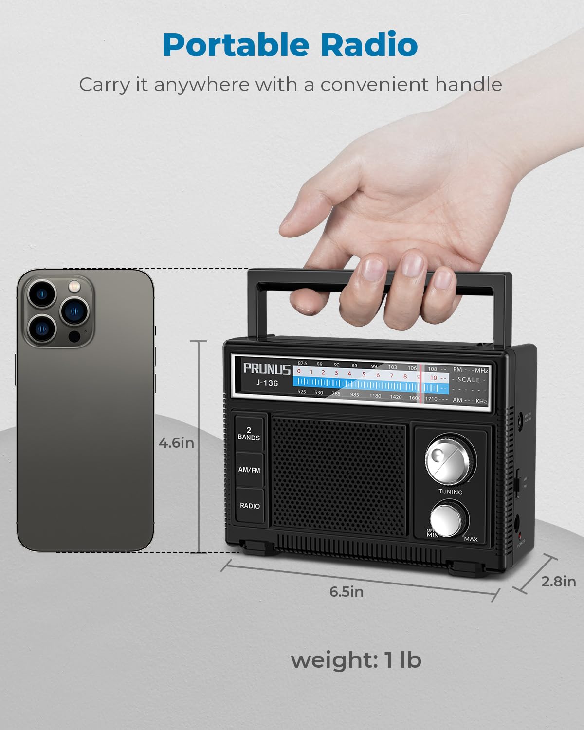 PRUNUS Portable Radio AM FM, Transistor Radio Battery Operated and Plug in Wall,Loud Speaker Support AUX in and Micphone in, Small Radios Portable AM FM J-136 - Available at All In One Marketplace Canada