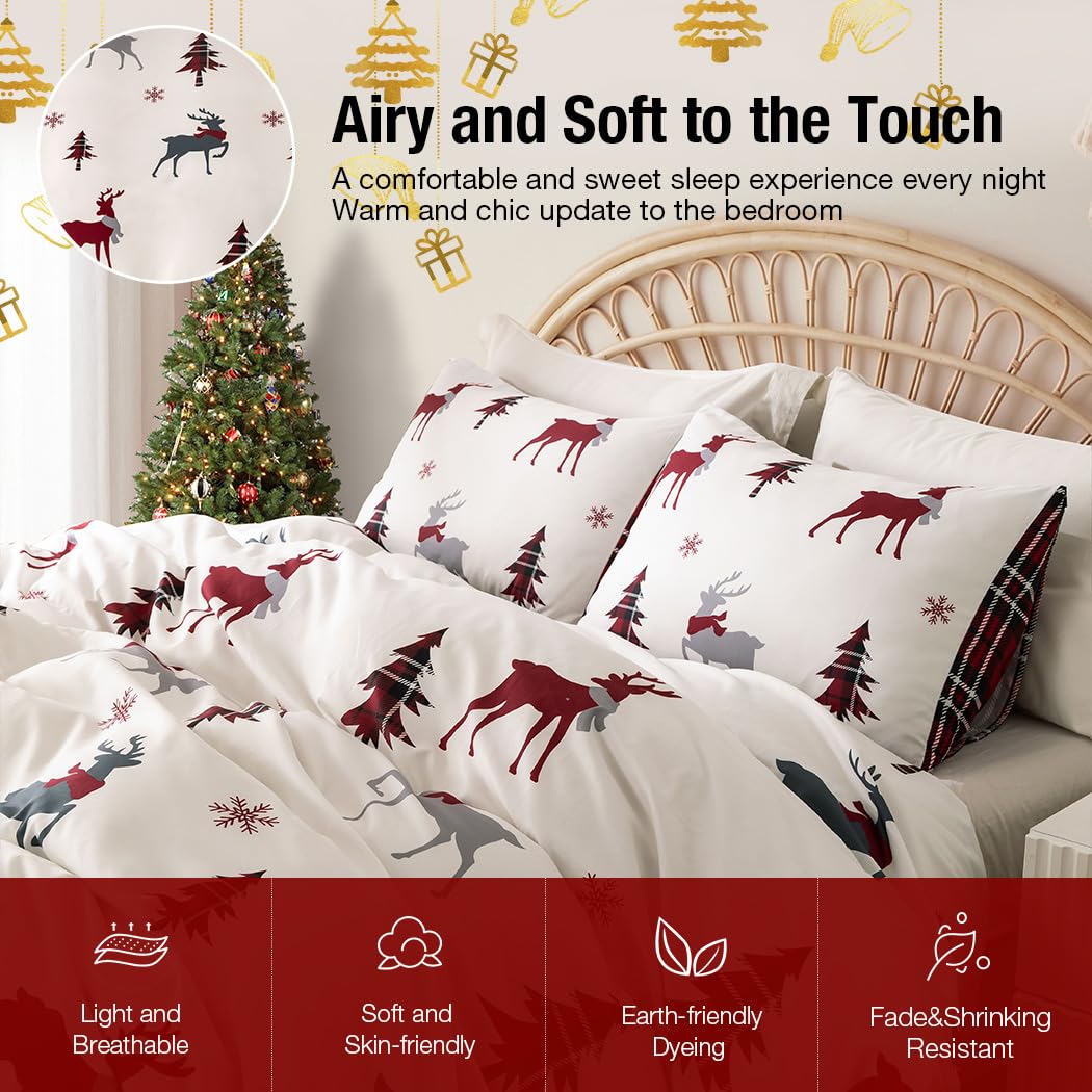 Conworld Christmas Duvet Cover Queen Size Set, Soft Reversible Red Plaid Reindeer Snowflake Printed Holiday Bedding Set with Zipper Closure, Corner Ties, 2 Pillowcases, 1 Duvet Cover 90x90 inches 🍁 All In One Marketplace Canada
