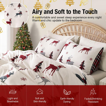 Conworld Christmas Duvet Cover Queen Size Set, Soft Reversible Red Plaid Reindeer Snowflake Printed Holiday Bedding Set with Zipper Closure, Corner Ties, 2 Pillowcases, 1 Duvet Cover 90x90 inches 🍁 All In One Marketplace Canada