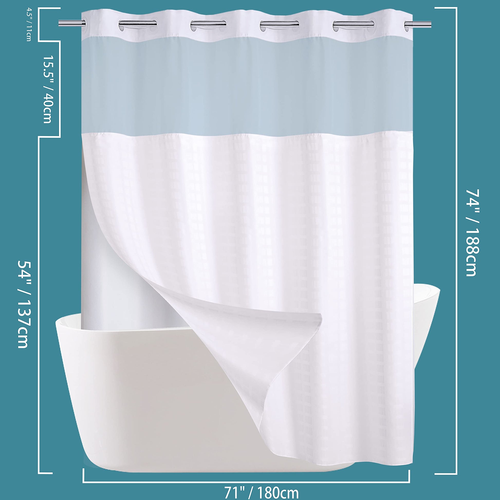 Conbo Mio Hotel Style Fabric Shower Curtain with Snap in Liner for Bathroom Machine Washable Waterproof Repellent Shower Curtain (Check-White, 71" W x 74" H) - Available at All In One Marketplace Canada