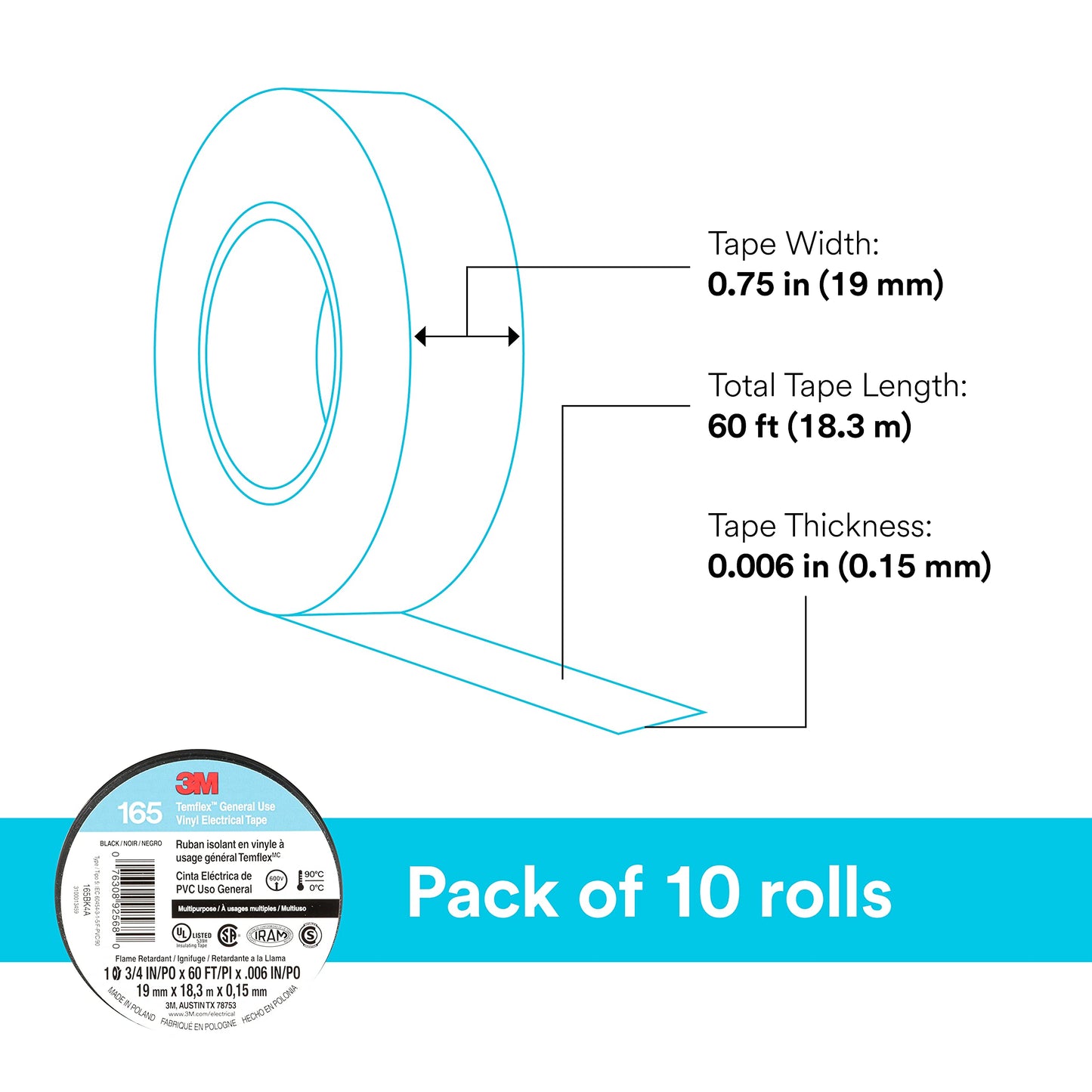 3M Temflex 165, Vinyl Colour Coding Electrical Tape, Black, 3/4in x 60ft, 10 Rolls 3M