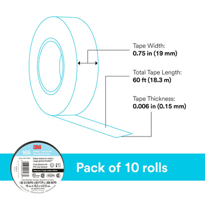 3M Temflex 165, Vinyl Colour Coding Electrical Tape, Black, 3/4in x 60ft, 10 Rolls 3M