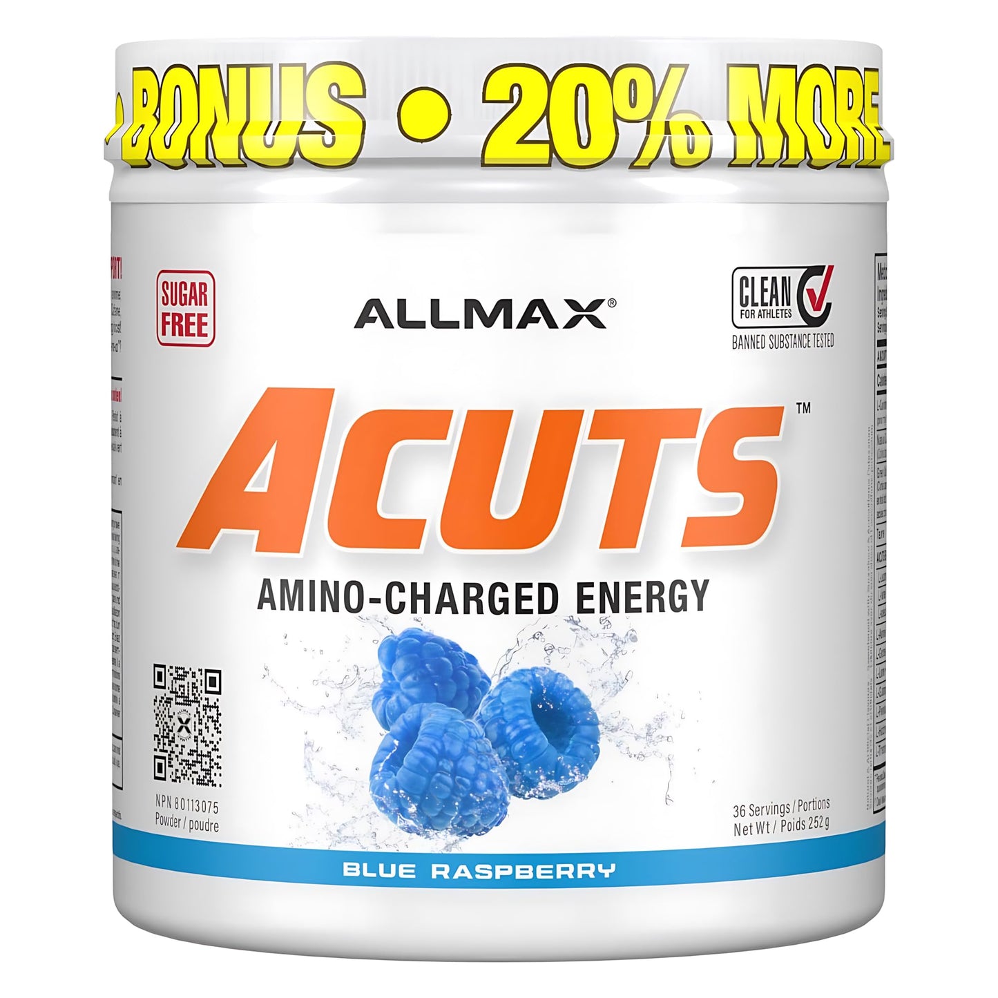 ALLMAX ACUTS Amino Energy Powder with Amino Acids Supplement, Blue Raspberry, 36 Servings, Caffeine, Green Coffee Extract, 2000 mg Taurine, L-Carnitine, Sugar Free, Gluten & Dye Free, Amino Acid Drink