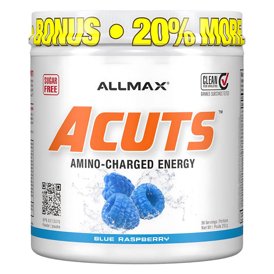 ALLMAX ACUTS Amino Energy Powder with Amino Acids Supplement, Blue Raspberry, 36 Servings, Caffeine, Green Coffee Extract, 2000 mg Taurine, L-Carnitine, Sugar Free, Gluten & Dye Free, Amino Acid Drink