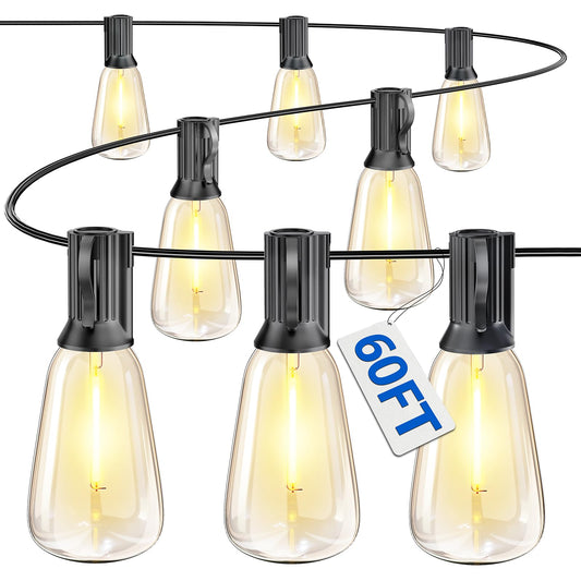 VIPAR Outdoor String Lights 60FT LED Patio Lights Waterproof with 28 Shatterproof ST38 Edison Bulbs Outside Hanging Light Dimmable Connectable for Porch, Deck, Garden, Backyard, Balcony, Decor, 2700K - Available at All In One Marketplace Canada