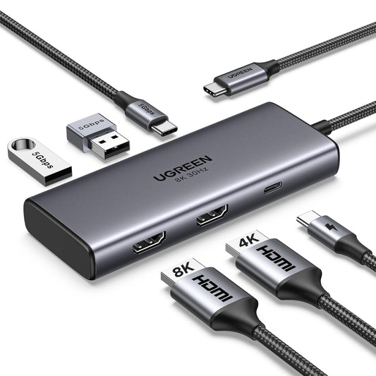 UGREEN 6 in 1 Docking Station for Laptop Dual Monitor, Dual 4K@60Hz Single 8K@30Hz, 85W Fast Charging, 2 USB A&USB C Data Ports 5Gbps, USB C Dock Compatible with MacBook Air/Pro, HP, ASUS, XPS13/15 - Available at All In One Marketplace Canada