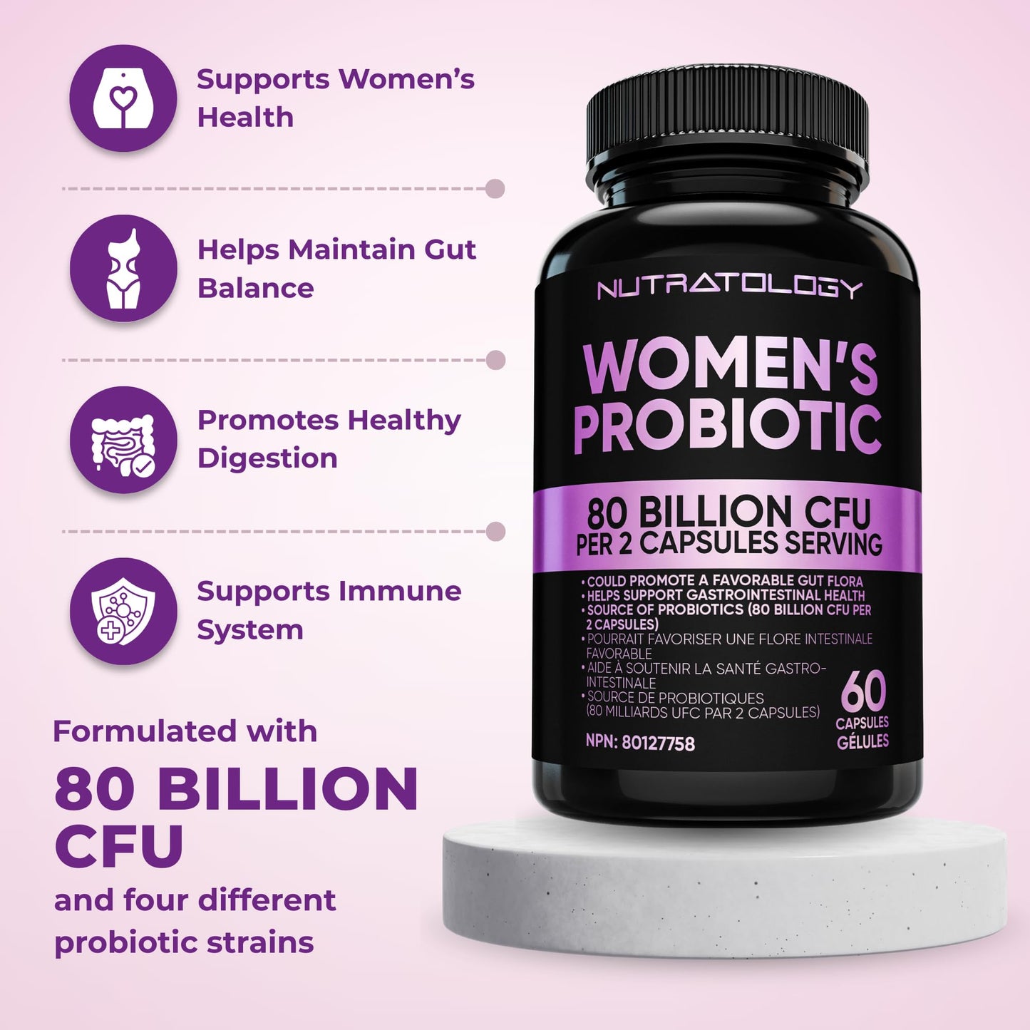 Nutratology® Probiotics for Women | Canadian-Made | 40 Billion CFUs per Capsule | Bloating Relief & Digestion | 4 Strains of Women's Probiotic for Gut Health | 60 Capsules