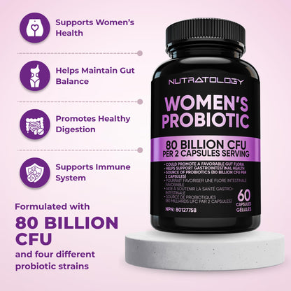 Nutratology® Probiotics for Women | Canadian-Made | 40 Billion CFUs per Capsule | Bloating Relief & Digestion | 4 Strains of Women's Probiotic for Gut Health | 60 Capsules