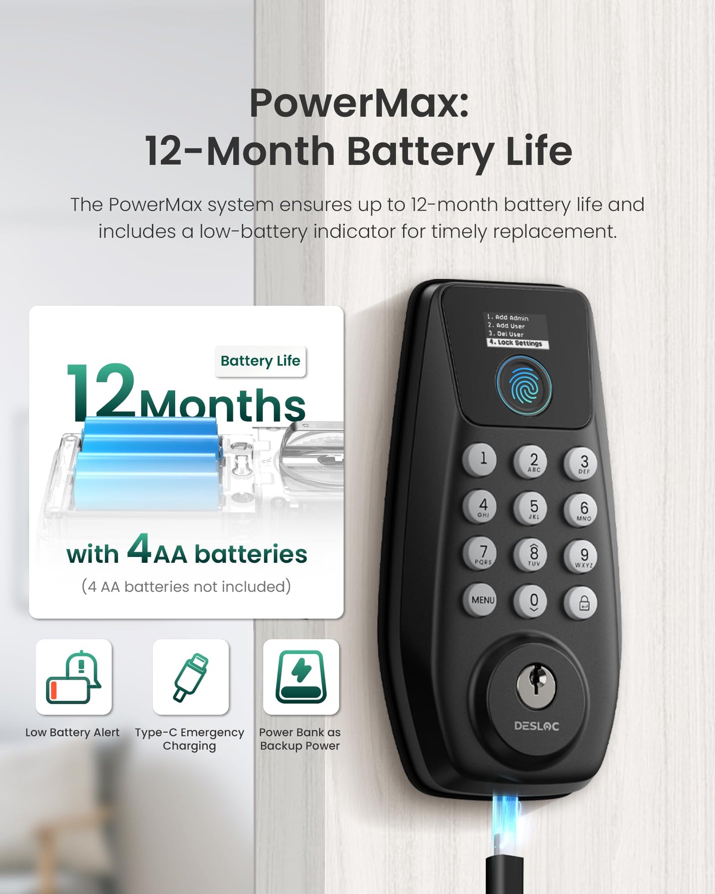 DESLOC C110 Fingerprint Smart Door Lock with Display DESLOC