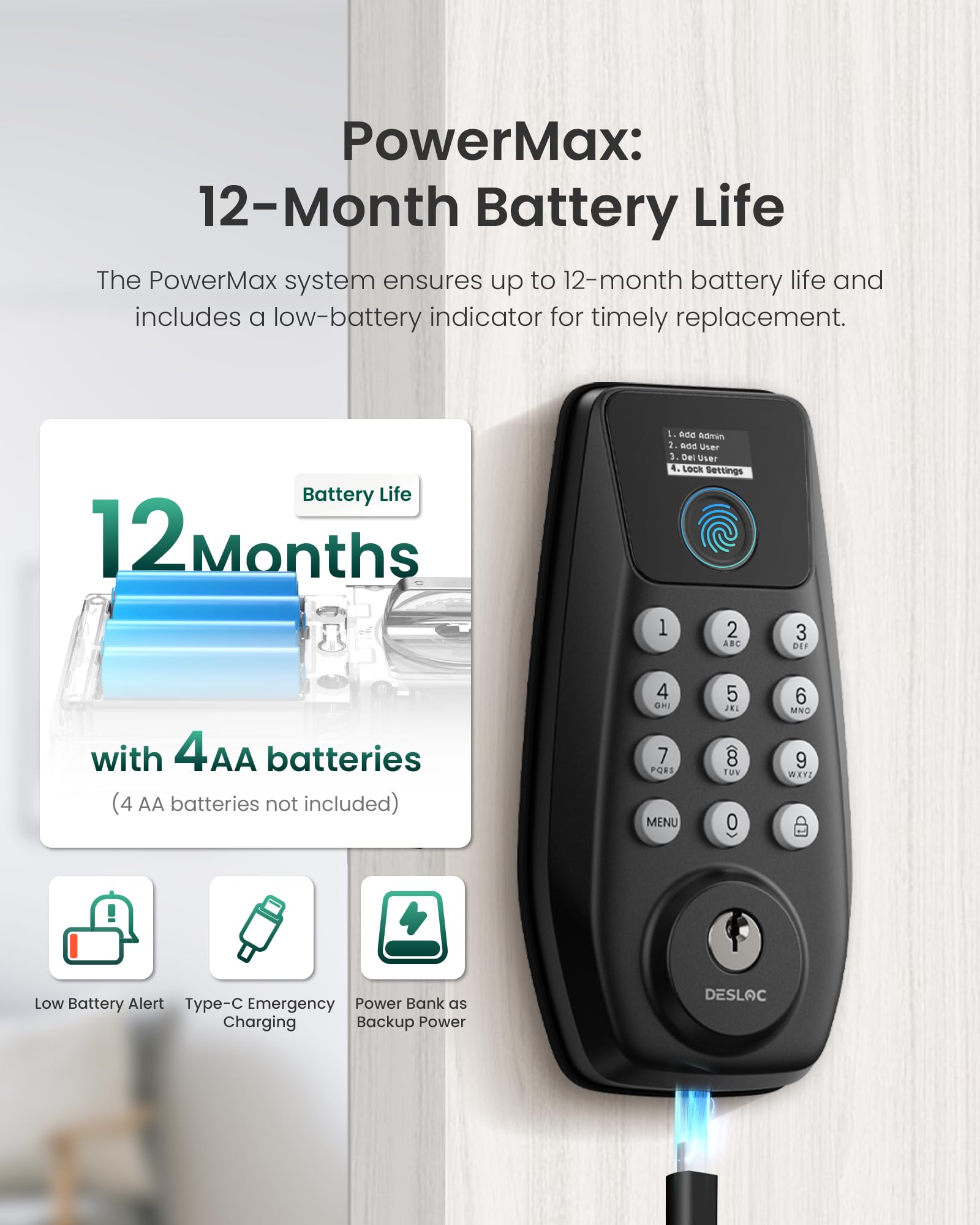 DESLOC C110 Fingerprint Smart Door Lock with Display DESLOC