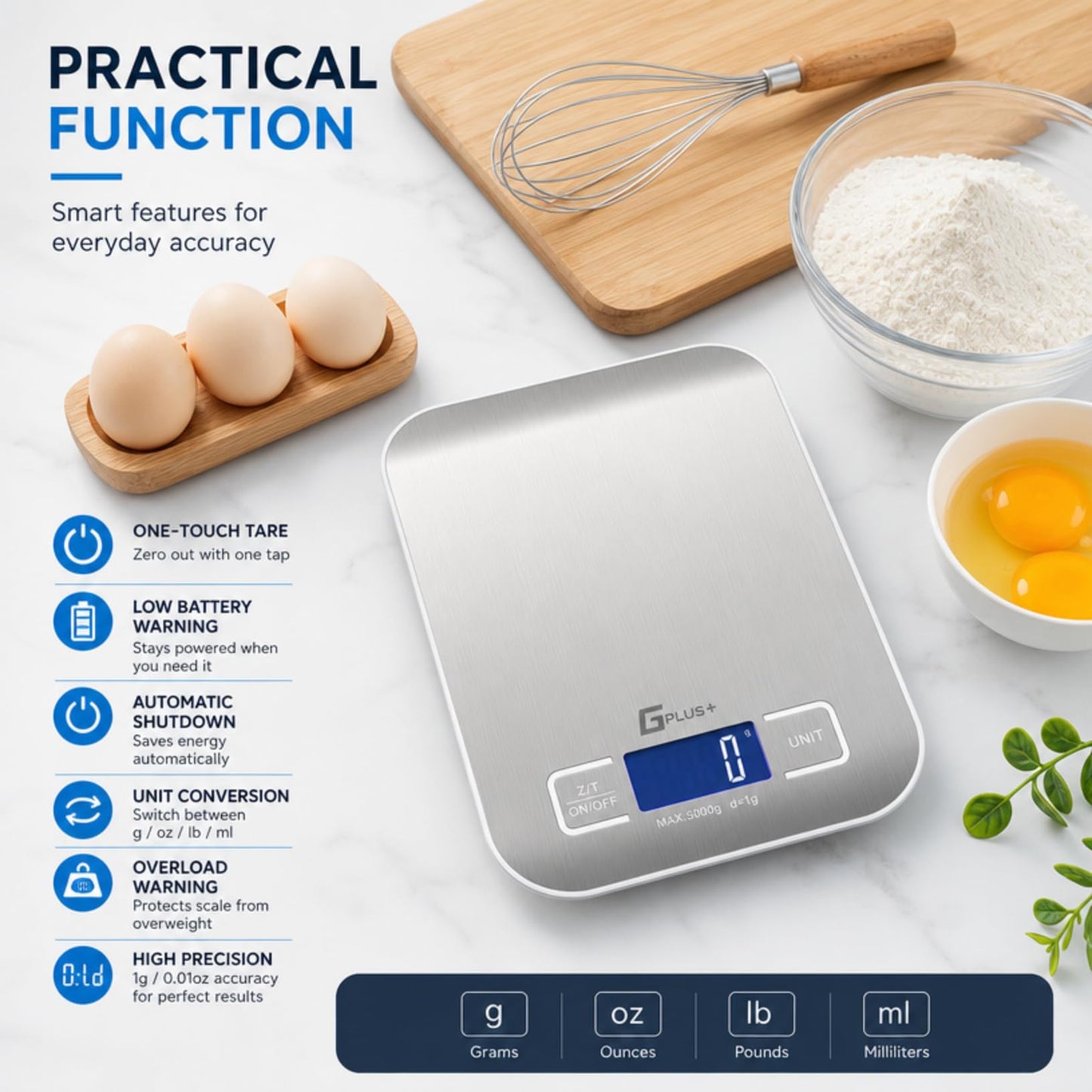 Food Scale, GPlus+ Digital Kitchen Scale, Highly Accurate 5000g/11lb x 0.1oz, Food Scale for Cooking, Baking and Weight Loss, Kitchen Scale with Backlit - Batteries Included - Available at All In One Marketplace Canada