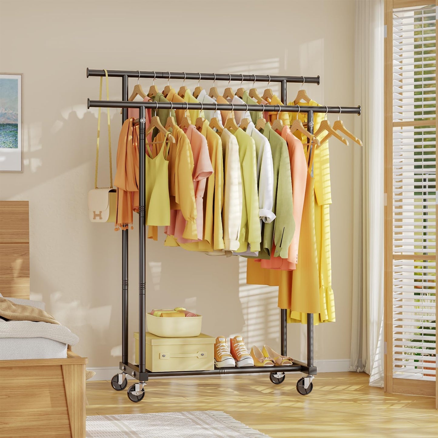 HYSEYY Double Rods Clothing Rack, Rolling Clothes Rack, Metal Garment Rack with 4 Lockable Wheels & Storage Shelf, Sturdy Coat Rack for Bedroom, Laundry, Living Room - 160H x 113W x 42D cm (Black) - Available at All In One Marketplace Canada