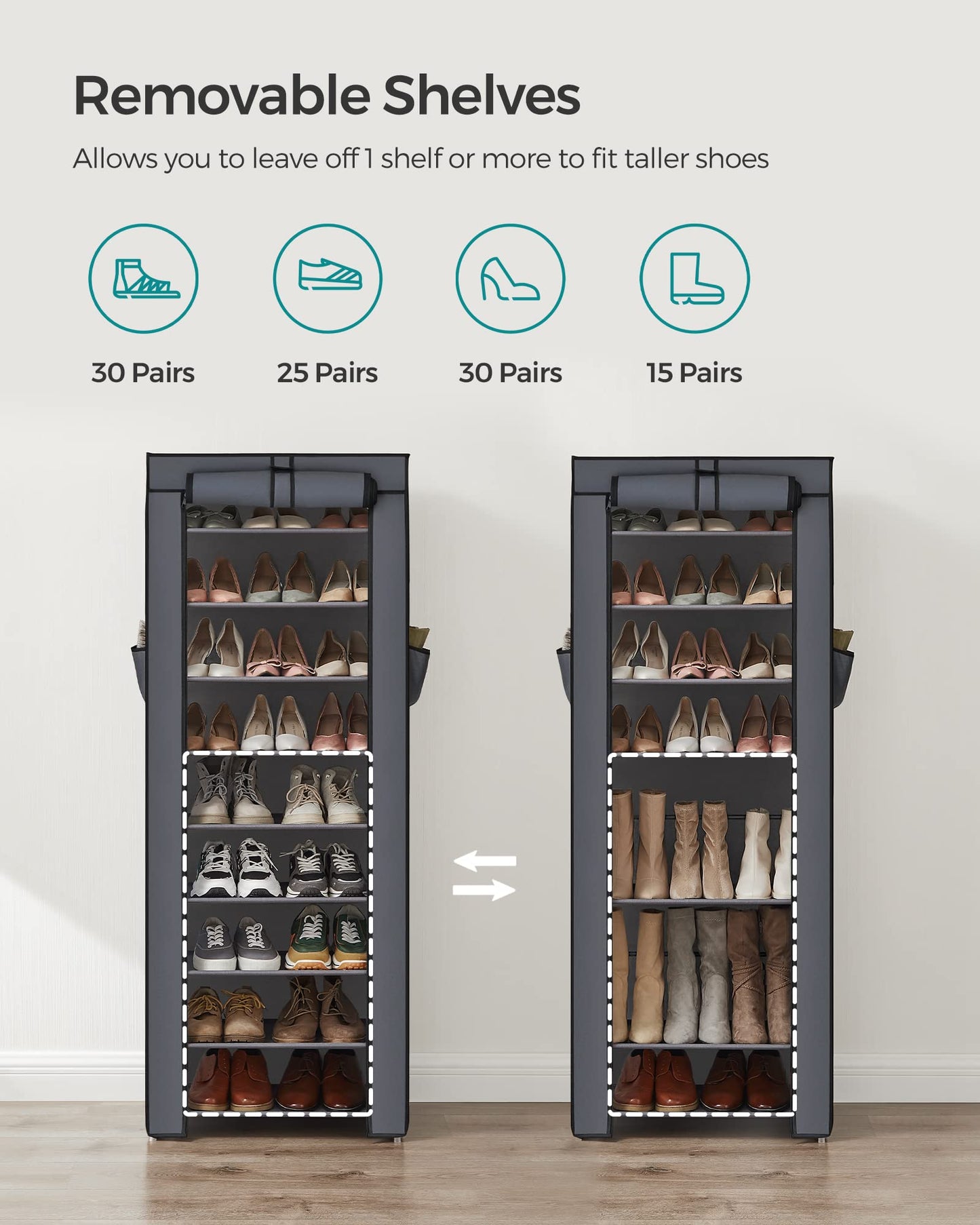 SONGMICS 10-Tier Shoe Rack, Shoe Storage Organizer Cabinet with Dustproof Cover, Free-Standing, for Closet, Entryway, Hold 27-35 Pairs, for Sneakers, High Heels, Gray URXJ10G01 SONGMICS