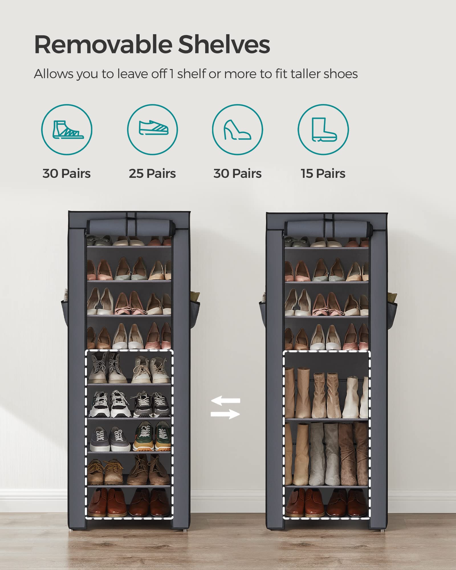 SONGMICS 10-Tier Shoe Rack, Shoe Storage Organizer Cabinet with Dustproof Cover, Free-Standing, for Closet, Entryway, Hold 27-35 Pairs, for Sneakers, High Heels, Gray URXJ10G01 SONGMICS