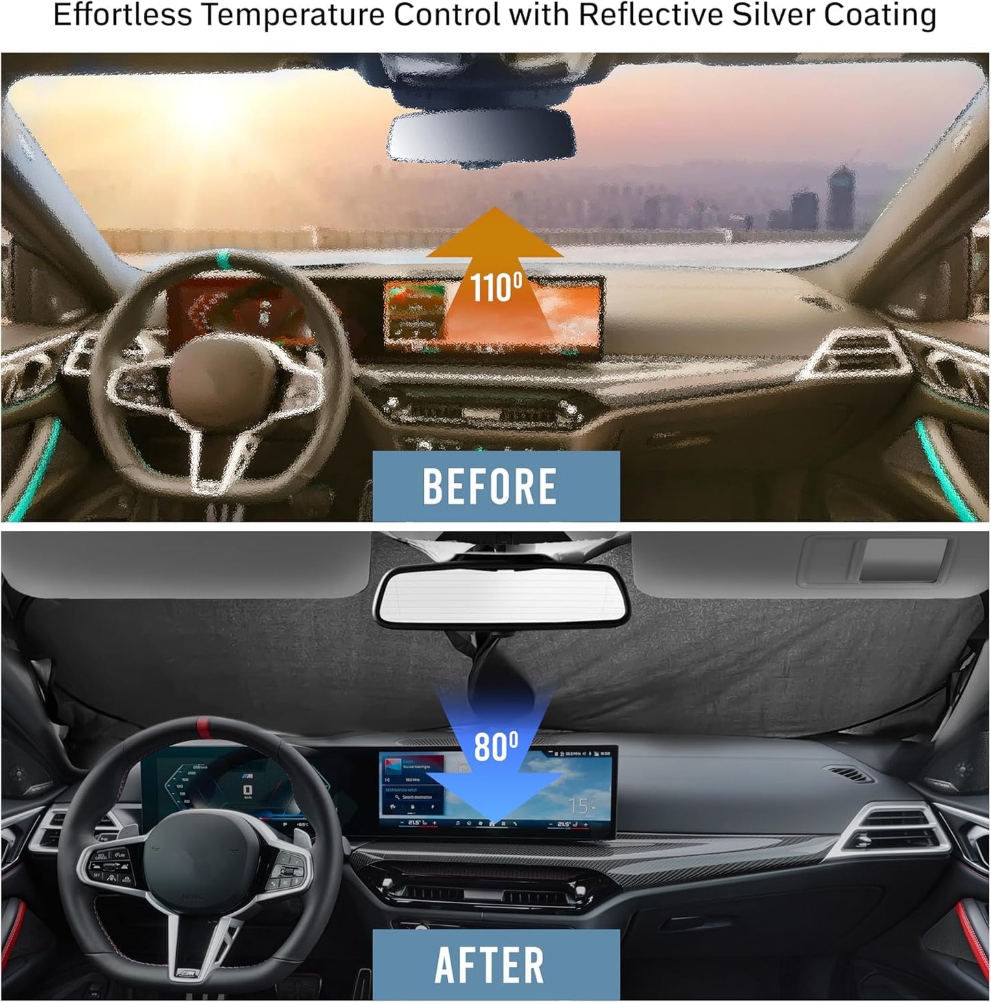 Autovir Car Windshield Sun Shade – 280T Thickened Reflective UV & Heat Shield with Storage Bag, Keeps Interior Cool, Universal Fit for Sedans, SUVs & Trucks – Medium (64" x 32")