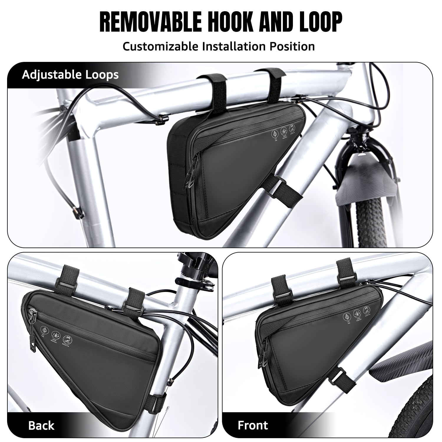 WOTOW Bike Frame Storage Bag, Water Resistant Cycling Reflective Triangle Handlebar Top Tube Bag Under Seat Pouch Strap-On Adjustable Install Position Tool Accessories Pack for Mountain Road Bike - Available at All In One Marketplace Canada
