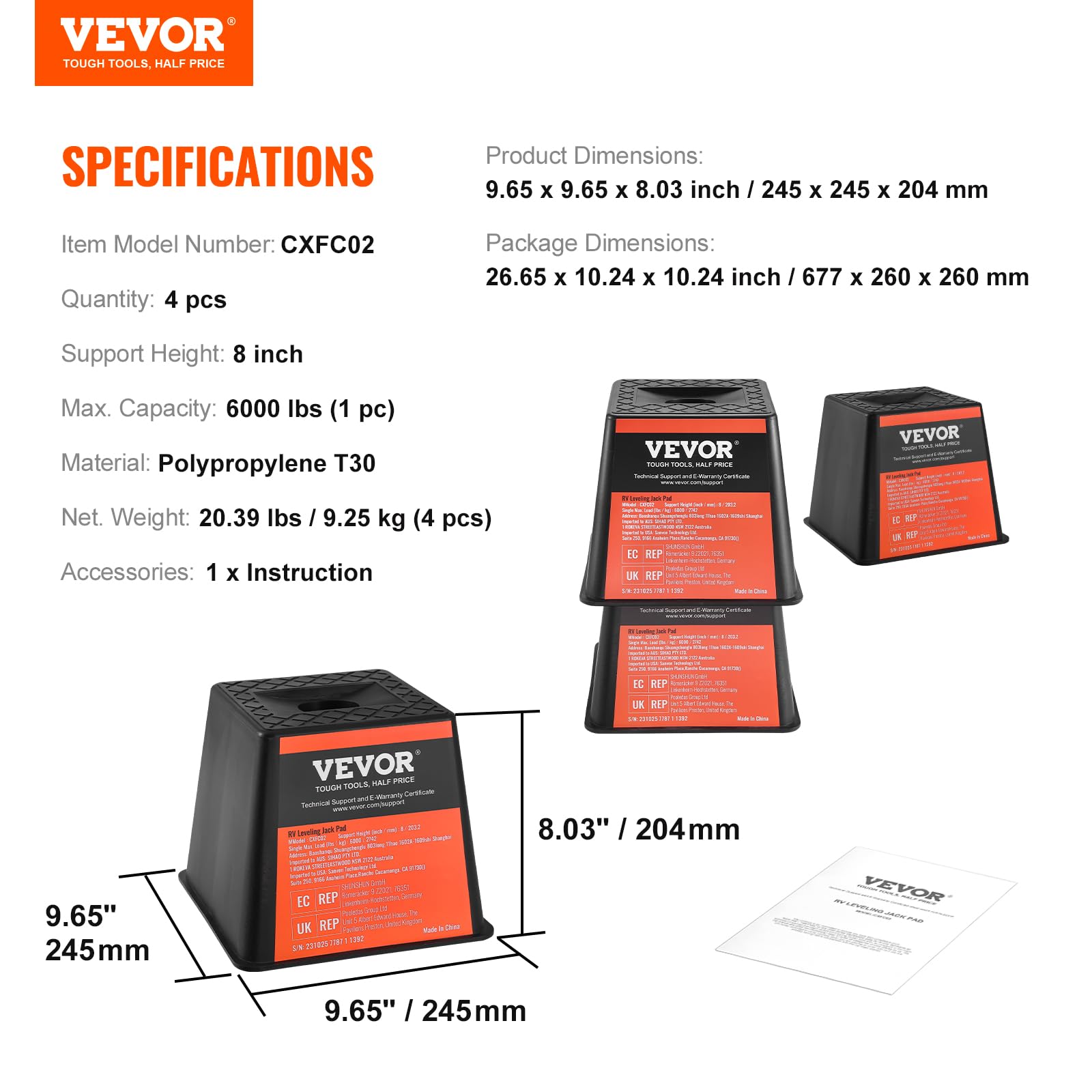 VEVOR Trailer Jack Block, 6000 lbs Capacity per RV Leveling Block, Polypropylene RV Camper Stabilizer Blocks, RV Travel Accessories Use for Any Tongue Jack, Post, Foot, 5th Wheels, 4-Pack VEVOR