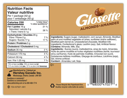 GLOSETTE Almonds, Chocolate Covered Candy, Valentines Candy, Chocolate Candy for Sharing, Perfect for Movies, 42g (Box of 18)
