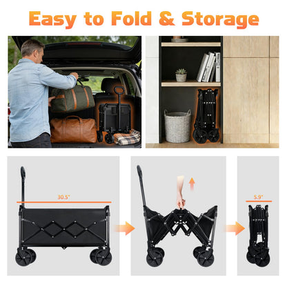 220LBS Collapsible Foldable Wagon Carts - Heavy Duty Portable Folding Utility Wagons with All-Terrain Wheels for Grocery Sports Shopping Camping Garden Beach, 2 Drink Holders/Lightweight/Black