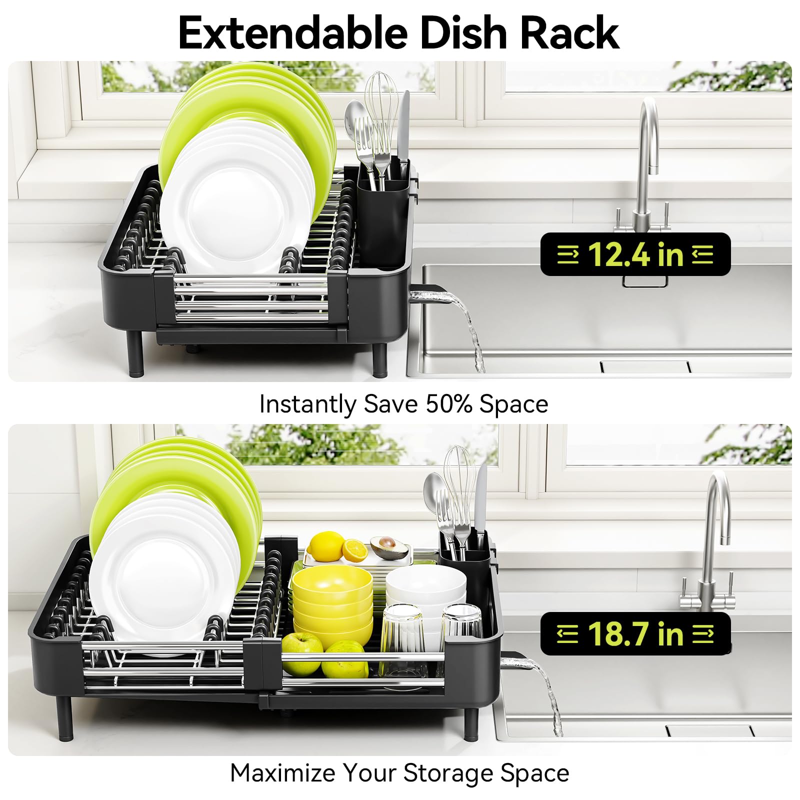 Urackify Extendable Dish Drying Rack, Dual Part Dish Drainers with Non-Scratch and Movable Cutlery Drainer and Drainage Spout, Adjustable Dish Rack for Kitchen,Black - Available at All In One Marketplace Canada