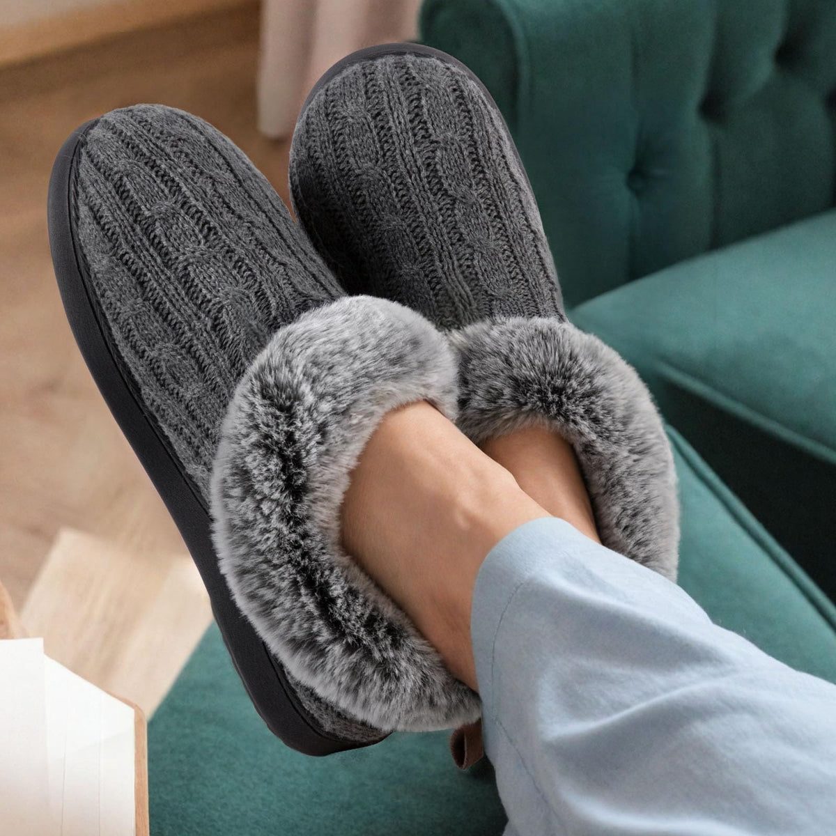 HomeTop Women’s Cable Knit Slippers Warm Fuzzy Indoor Gray, 7-8 US 🍁 All In One Marketplace Canada