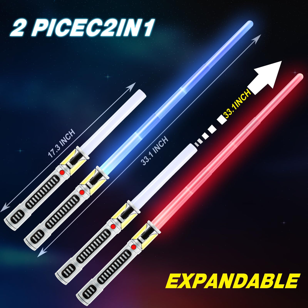 Light Up Saber for Kids 2 in 1 Retractable 7 Colors LED Light Sword Toy with Motion Sensitive FX Sound for Christmas, Halloween, Galaxy War Fighters 2 Pack 🍁 All In One Marketplace Canada