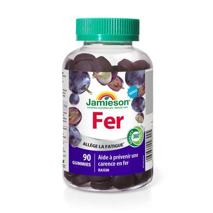 Jamieson Iron Gummies Grape Flavour, 90 Gummies, Supports Overall Health, Helps with Fatigue, Prevents Deficiency and Anemia. Vegetarian, Non-GMO, No Artificial Colours, Flavours or Preservatives